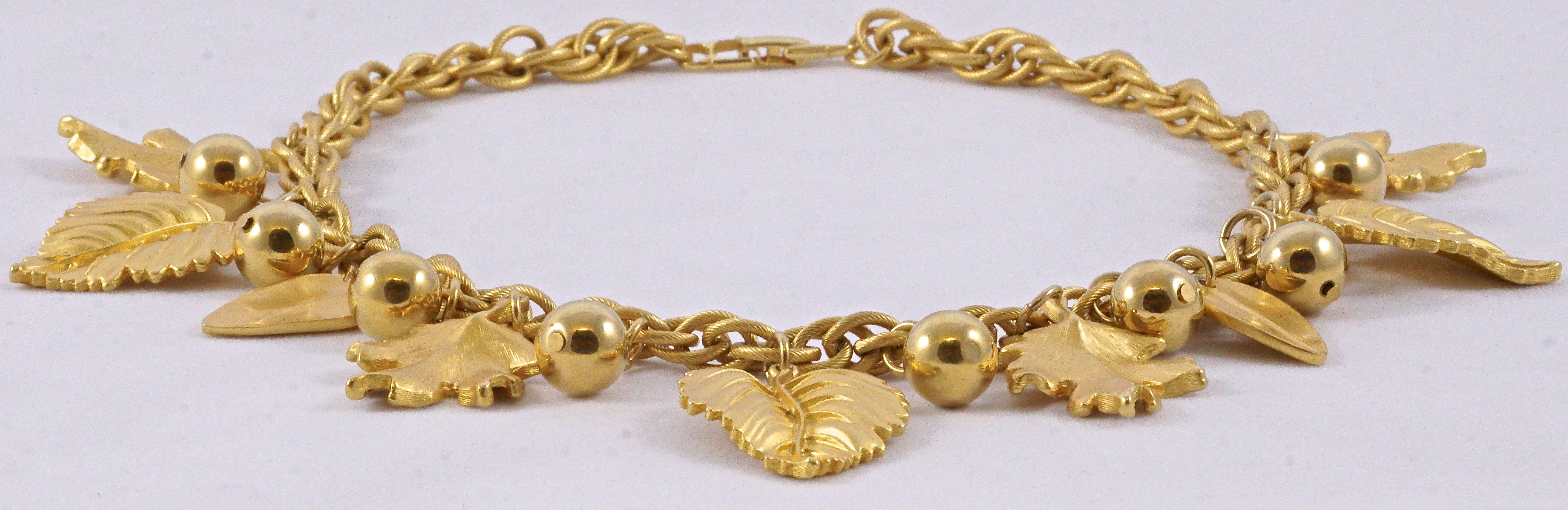 Napier 1980s Gold Plated Fancy Link Chain Leaf and Ball Necklace In Good Condition In London, GB