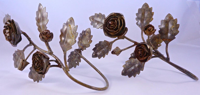 Pair Of French Wrought Iron Rose And Leaf Design Tie Hold