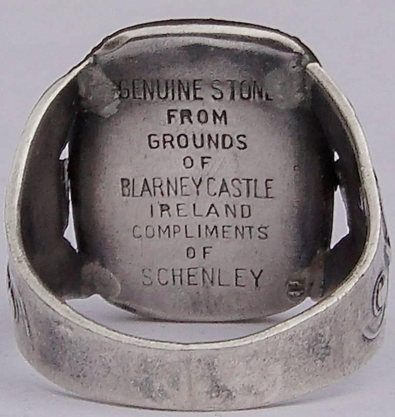 Men's silver blarney stone ring, size UK T 1/2, US 10. The beautiful stone measures 2cm, .79 inch, by 1 1/2cm, .59 inch, and the setting is depth 2mm, .08 inch.

It has an inscription inside, with compliments from Schenley, the old American