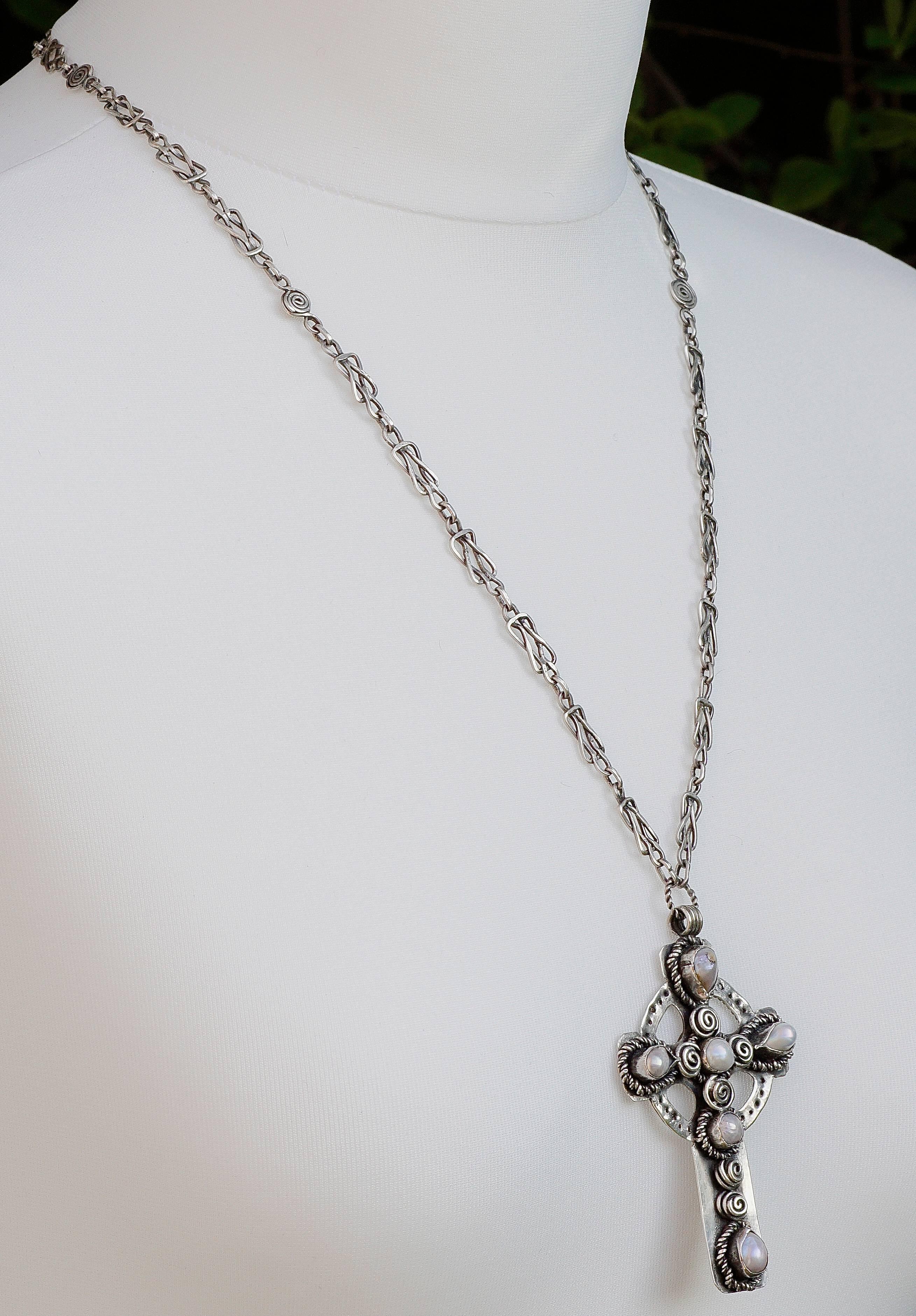 Women's or Men's Vintage Silver and Baroque Pearl Celtic Cross and Chain