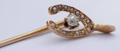 Antique Victorian 14K Gold Diamond and Seed Pearl Wishbone Stick Pin