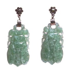 Vintage Silver Marcasite and Carved Jade Cicada Drop Earrings
