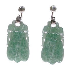 Vintage Silver Marcasite and Carved Jade Cicada Drop Earrings