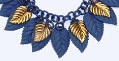 Blue Celluloid and Gold Tone Metal Leaf Necklace circa 1930s