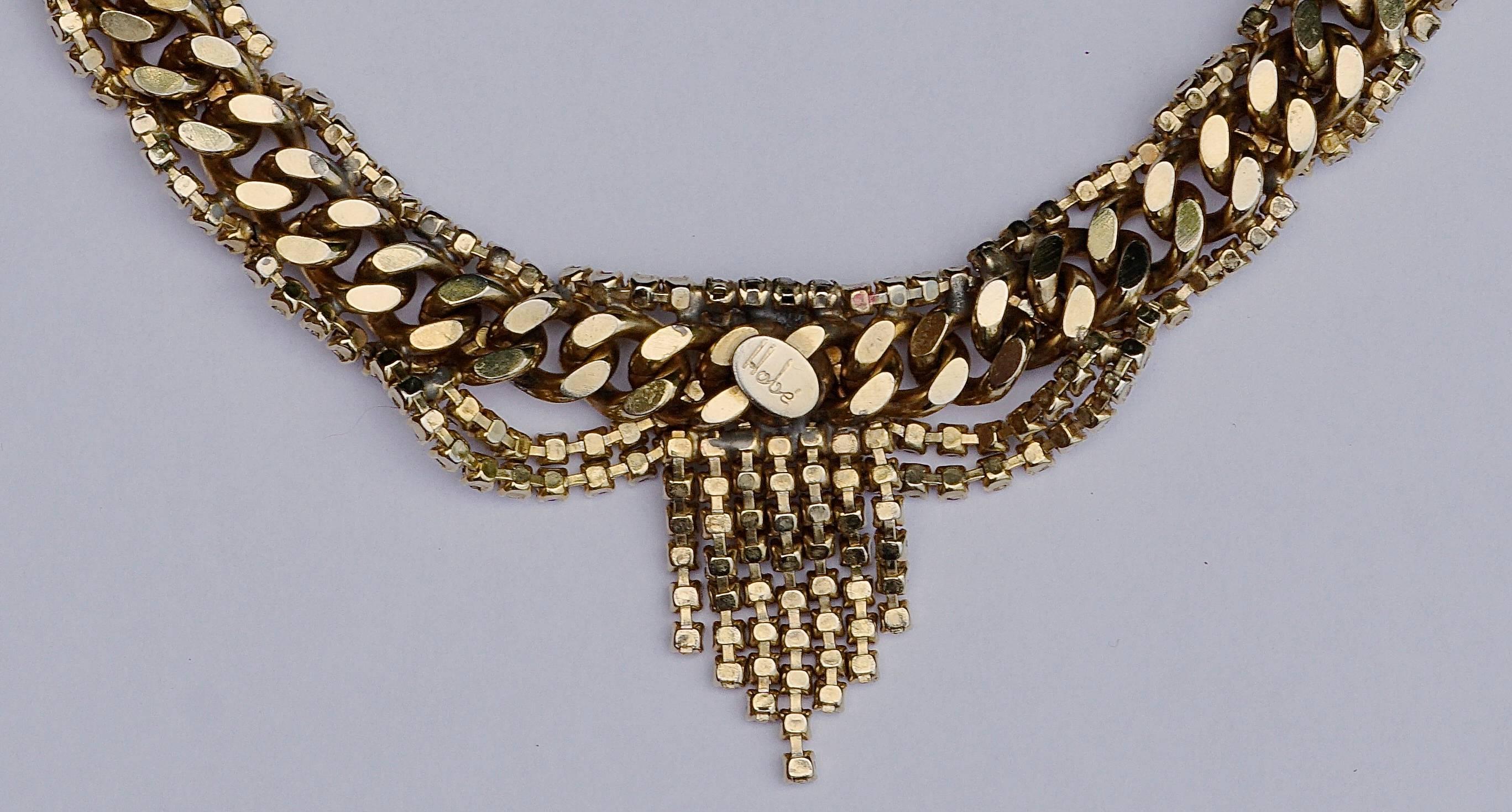 Hobe Gold Tone Link and Clear Rhinestone Vintage Collar Necklace In Good Condition In London, GB