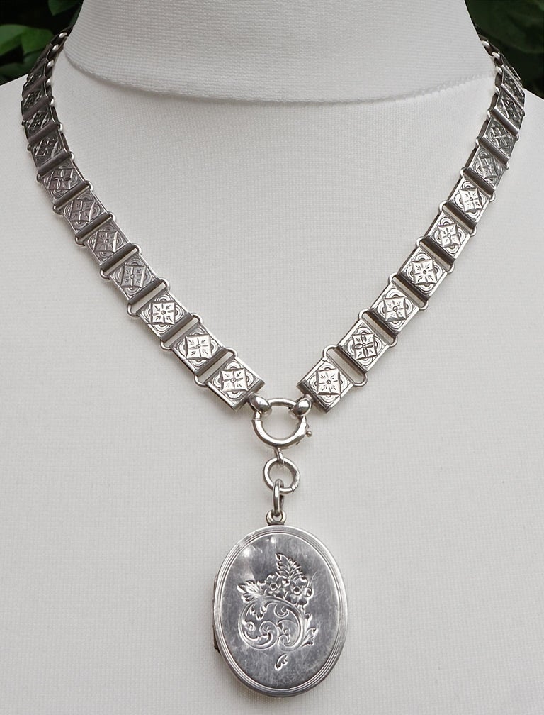 Antique Victorian Silver Book Chain Hand Engraved Necklace and Locket