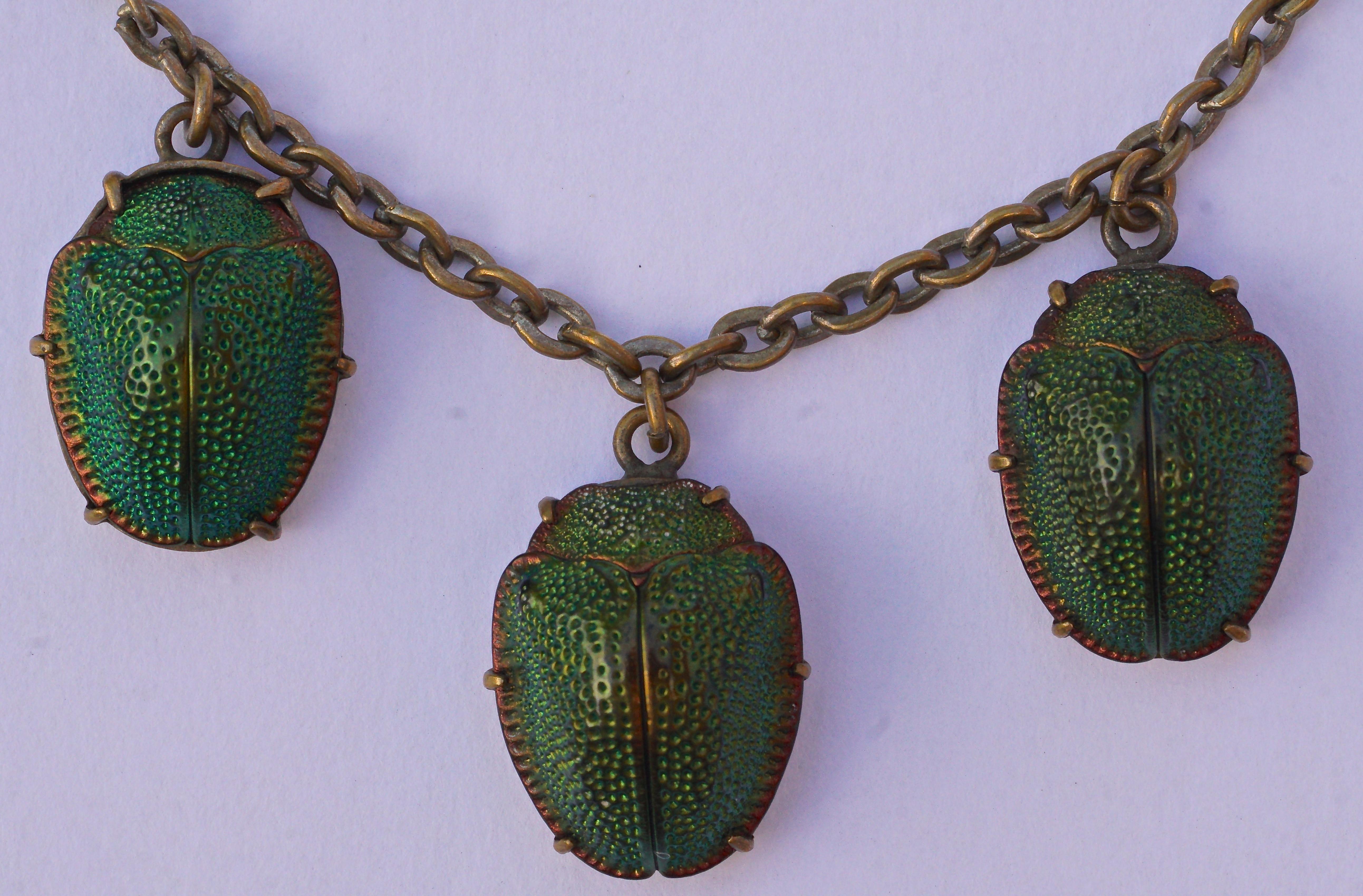 Egyptian Revival Vintage Gold Tone Real Iridescent Green Scarab Beetle Drop Necklace, circa 1920s