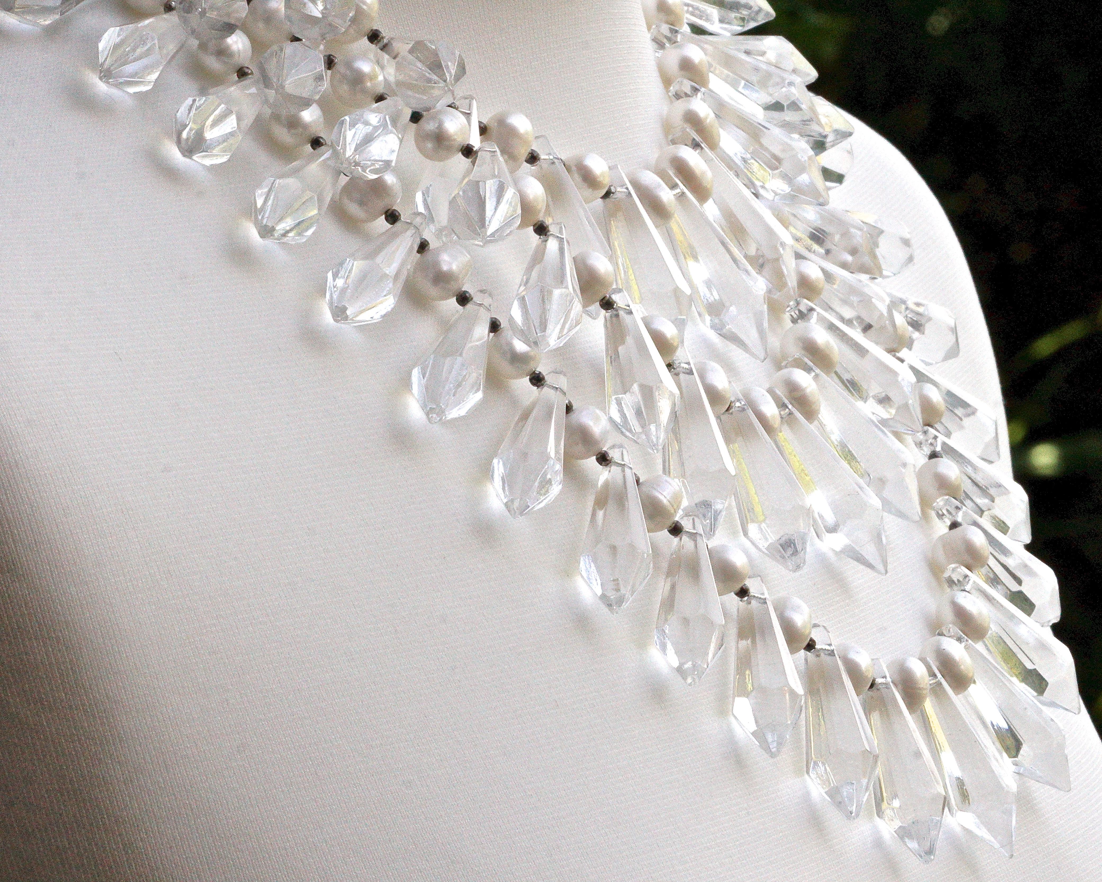 Silver, Clear Glass Drops and Freshwater Pearls Triple Strand Statement Necklace In Good Condition For Sale In London, GB