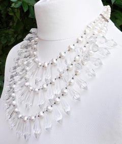 Silver, Clear Glass Drops and Freshwater Pearls Triple Strand Statement Necklace