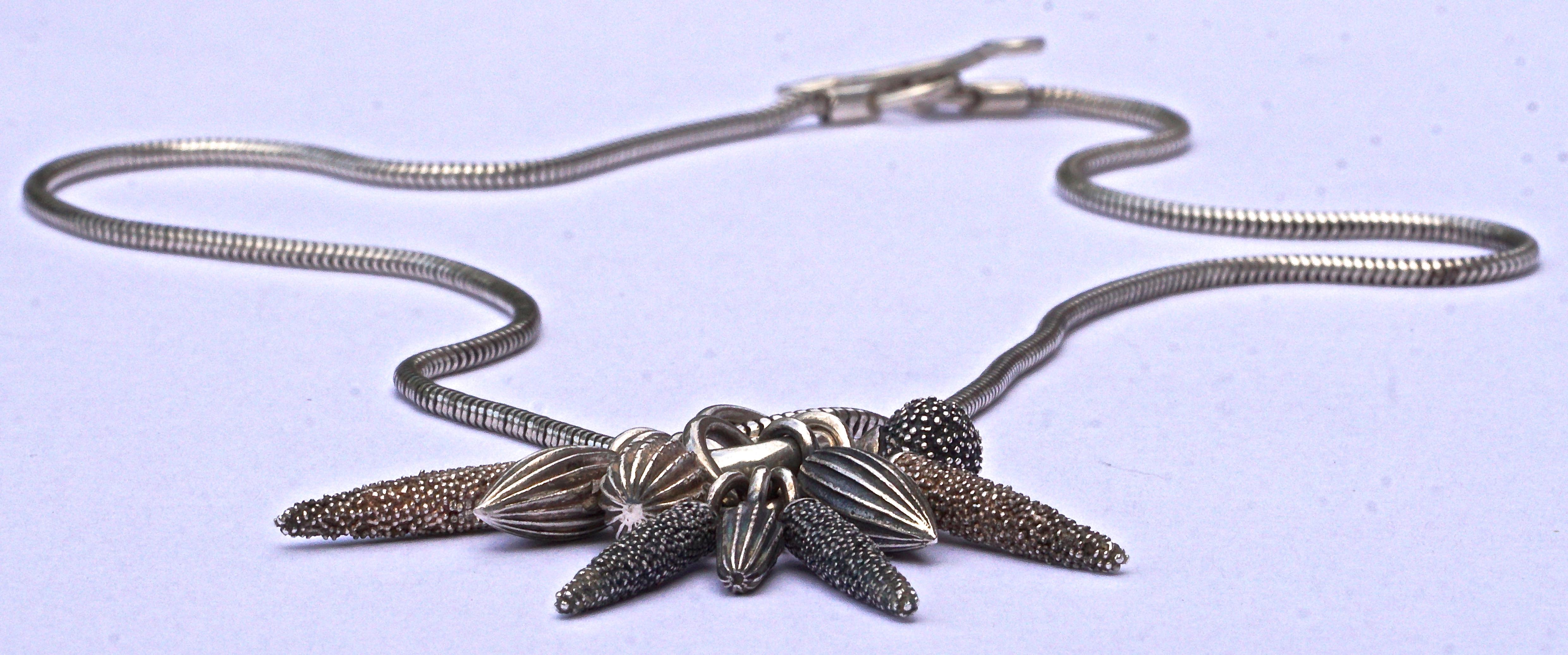 Vintage Silver Snake Chain Necklace with a Multiple Seed Pod Pendant  1