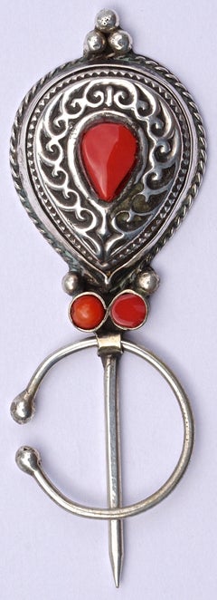 Moroccan Berber Silver Penannular Brooch with Glass Coral Stones