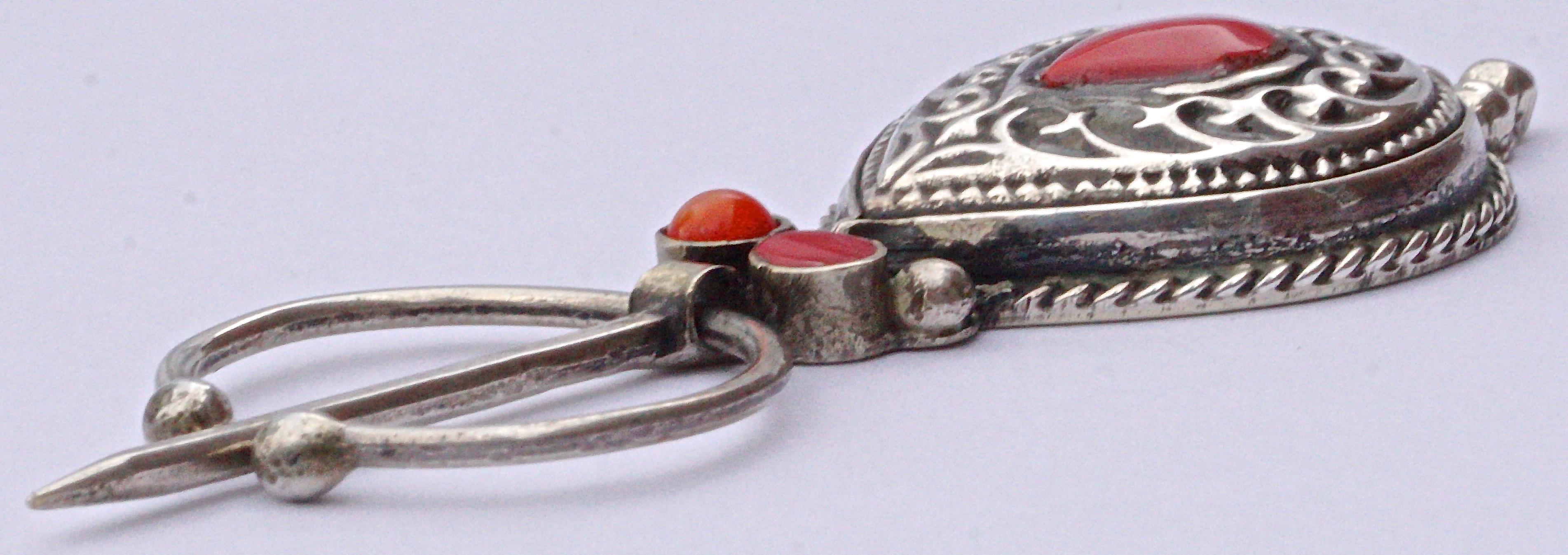 Moroccan Berber Silver Penannular Brooch with Glass Coral Stones 1