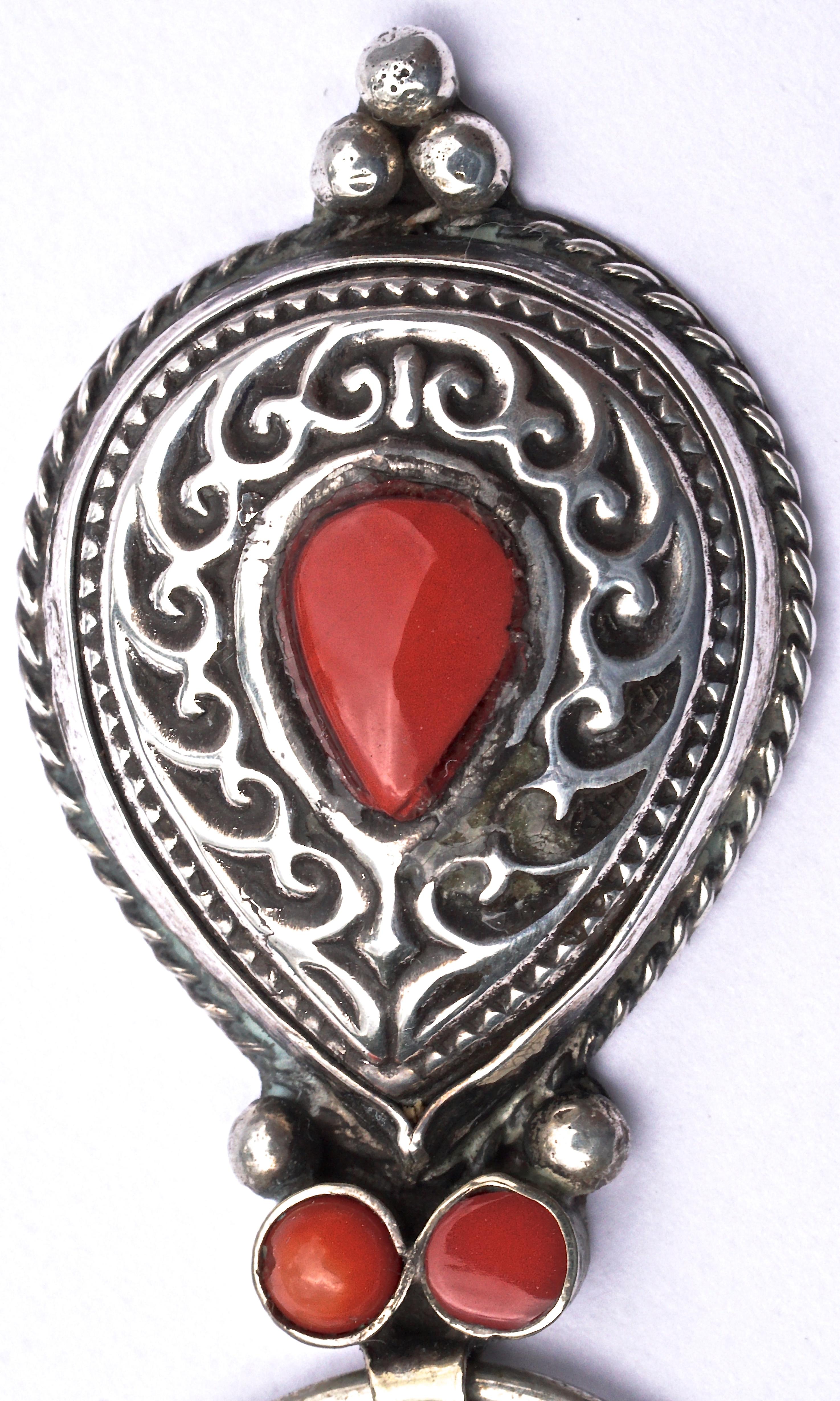 Women's or Men's Moroccan Berber Silver Penannular Brooch with Glass Coral Stones