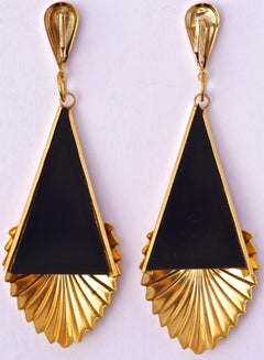 Large Spanish Gold Tone and Black Drop Statement Earrings