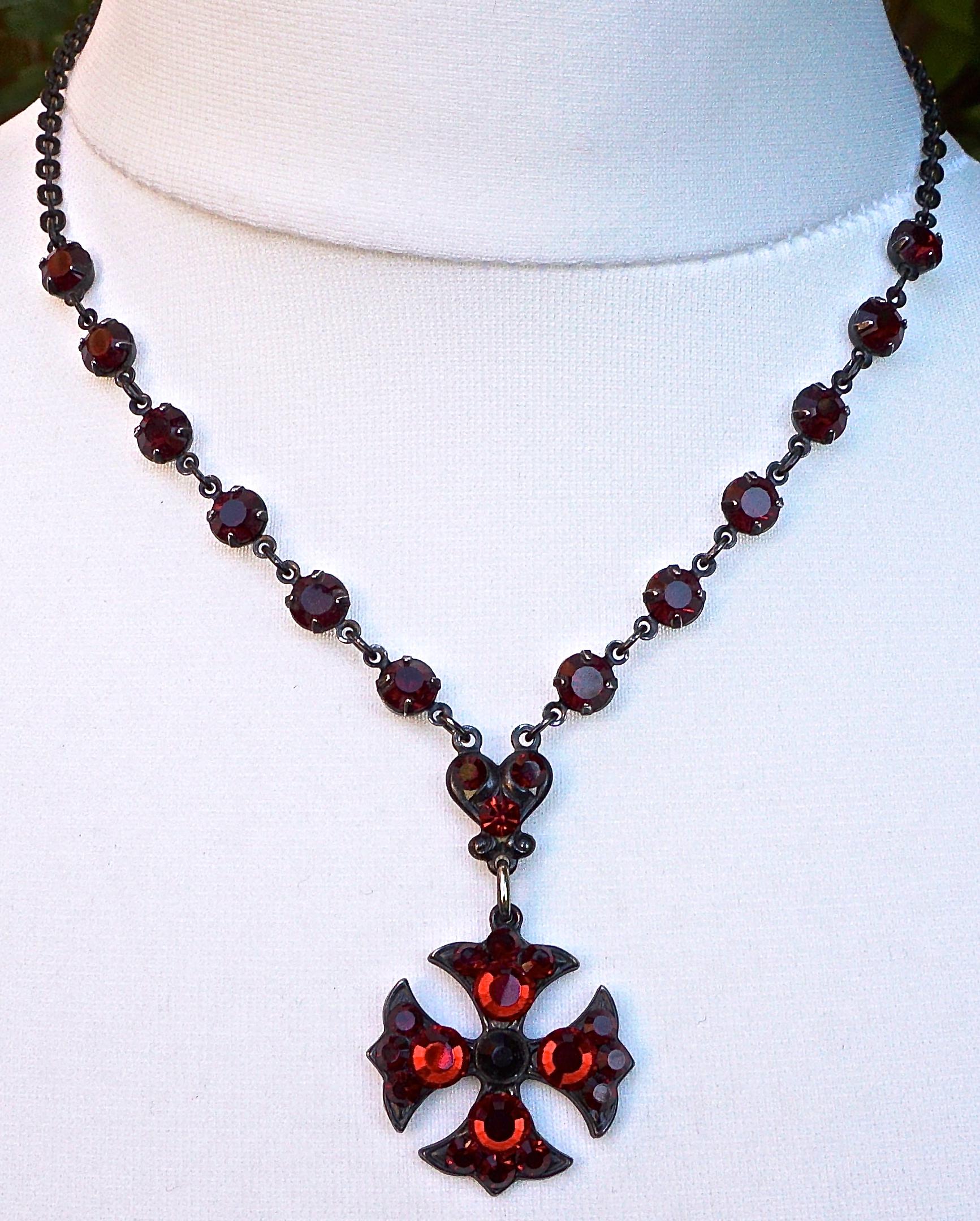 Dark Red Glass Maltese Cross Necklace In Good Condition In London, GB
