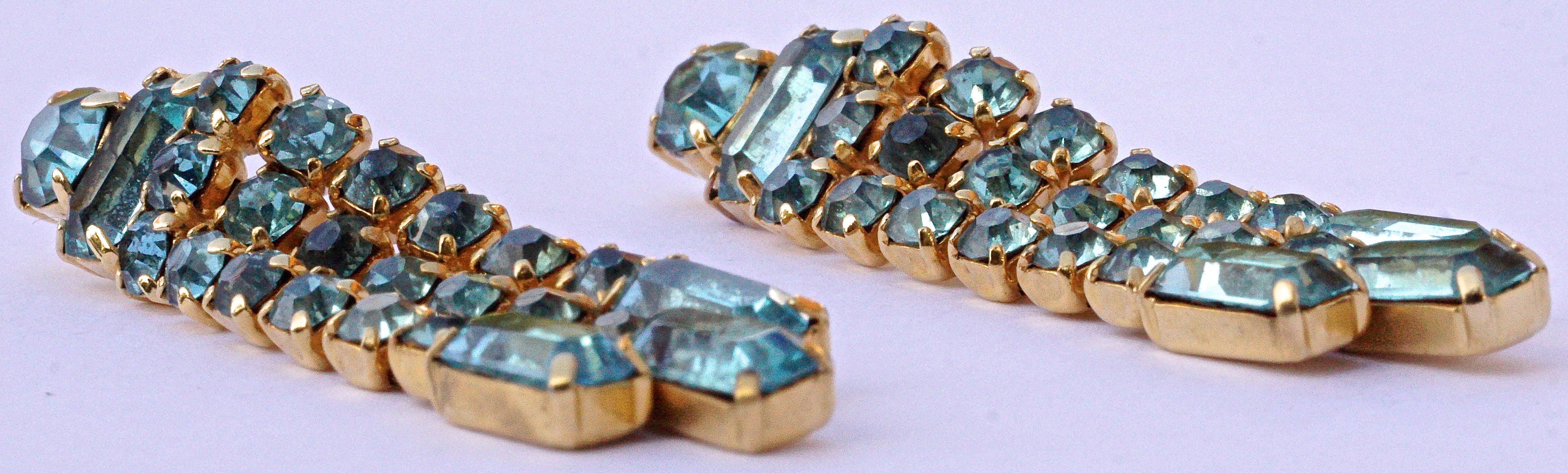 Gold Plated and Aqua Blue Rhinestone Dangle Earrings, circa 1950s  In Good Condition In London, GB