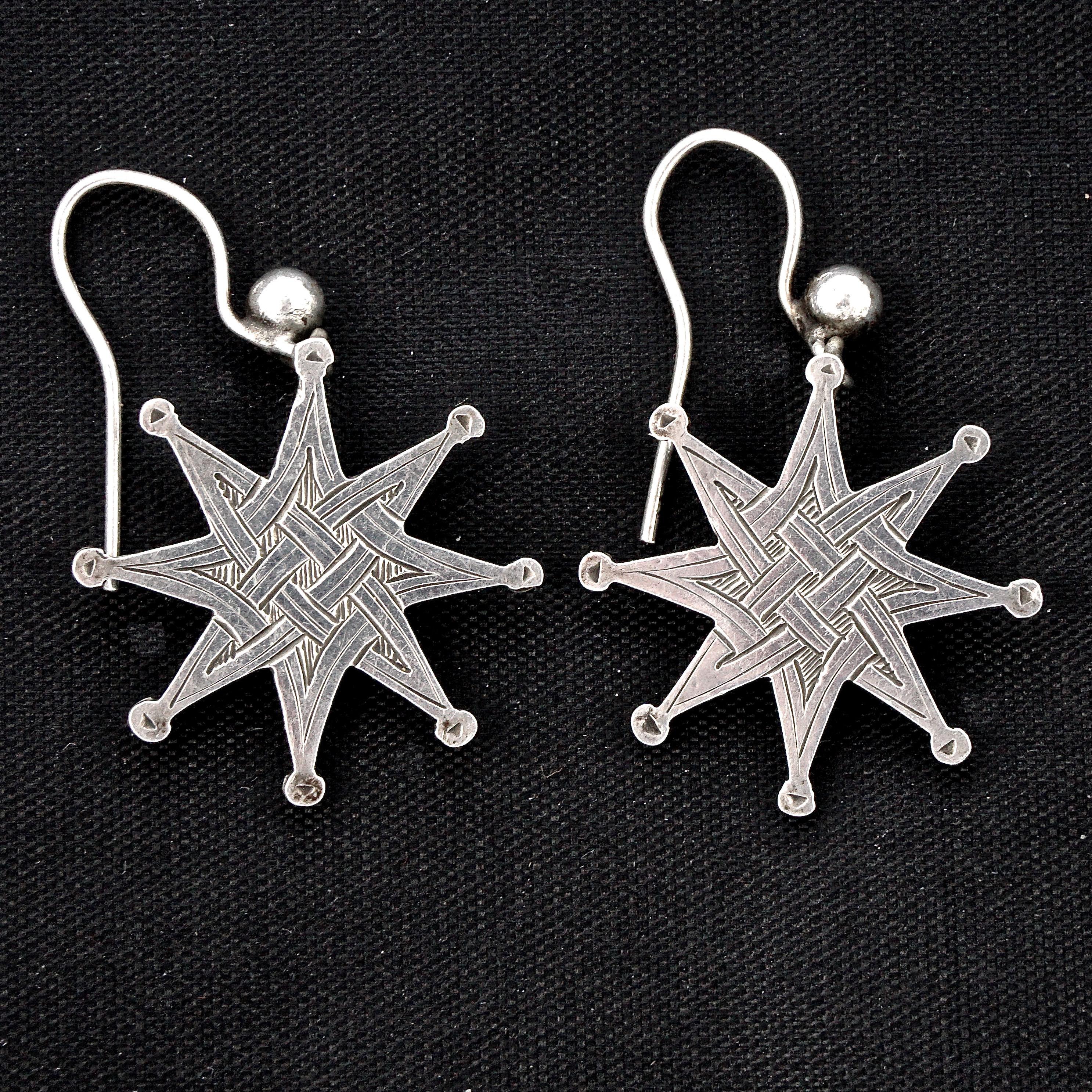 Antique Victorian Silver Engraved Celtic Design Star Drop Earrings 1