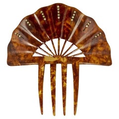 Vintage Art Deco Faux Tortoiseshell Four Prong Fan Shaped Hair Comb with Rhinestones