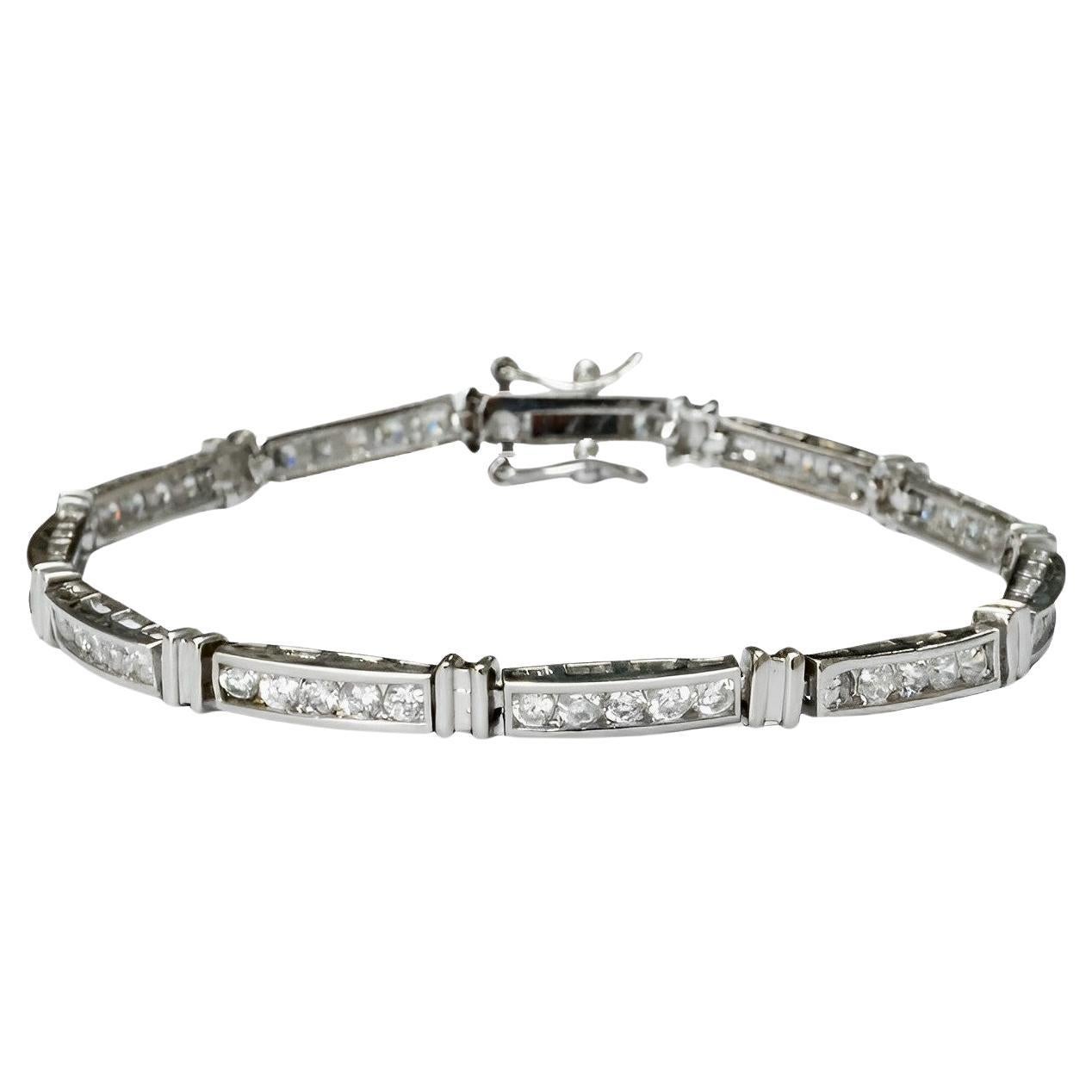 Silver Plated and Clear Rhinestone Link Bracelet circa 1980s For Sale