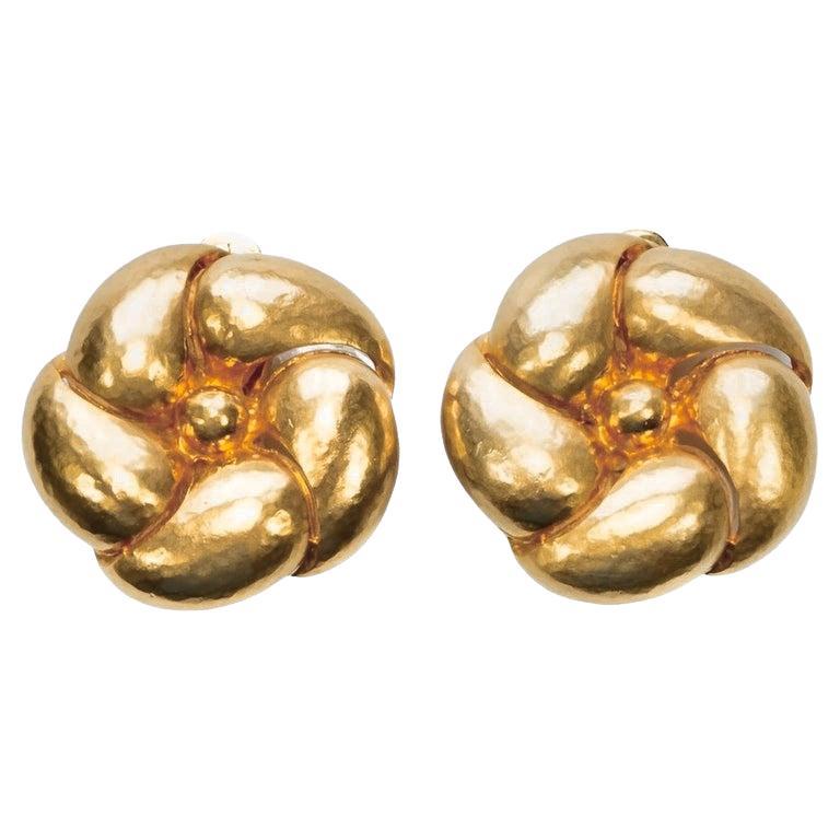 Gold Plated Hammered Flower Clip-On Statement Earrings - Les Bernard Vanity For Sale