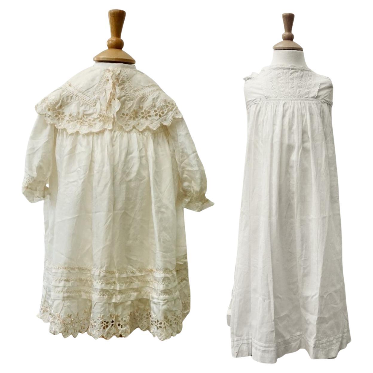 Antique Cream Silk Christening Gown and Antique White Cotton Christening Gown For Sale