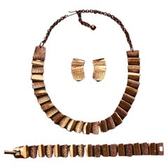 Mid Century Copper Textured and Polished Link Necklace Bracelet Earrings Set