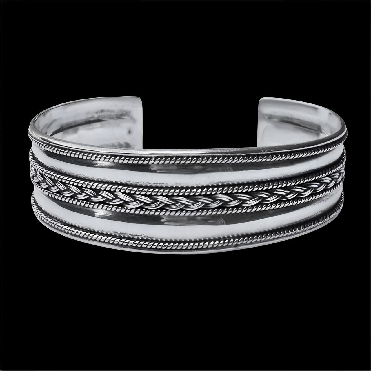 Sterling Silver Rope Twist and Wheat Design Bangle Bracelet For Sale 3