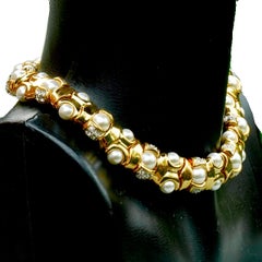 Cabouchon Gold Plated Collar Necklace with Faux Pearls and Rhinestones