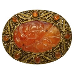 Antique Chinese Export Silver Gilt Carved Carnelian Filigree Brooch