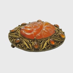 Antique Chinese Export Silver Gilt Carved Carnelian Filigree Brooch