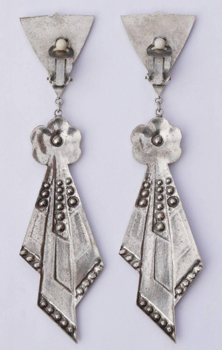 Pierre Bex Art Deco style Silver Plated and Rhinestone Drop Statement Earrings In Good Condition In London, GB