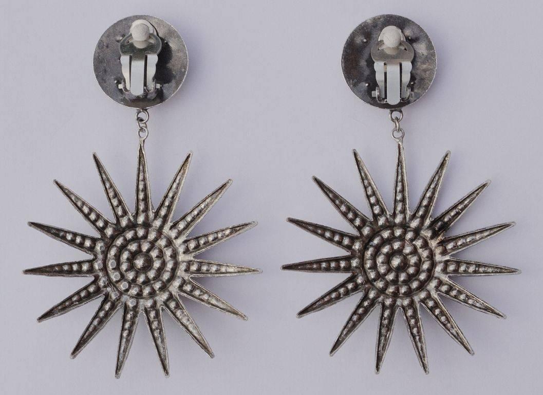 Pierre Bex Art Deco style Silver Plated Rhinestone Starburst Statement Earrings In Good Condition In London, GB