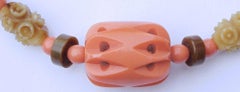 1930s Coral, Muted Green and Brown Carved Galalith Necklace