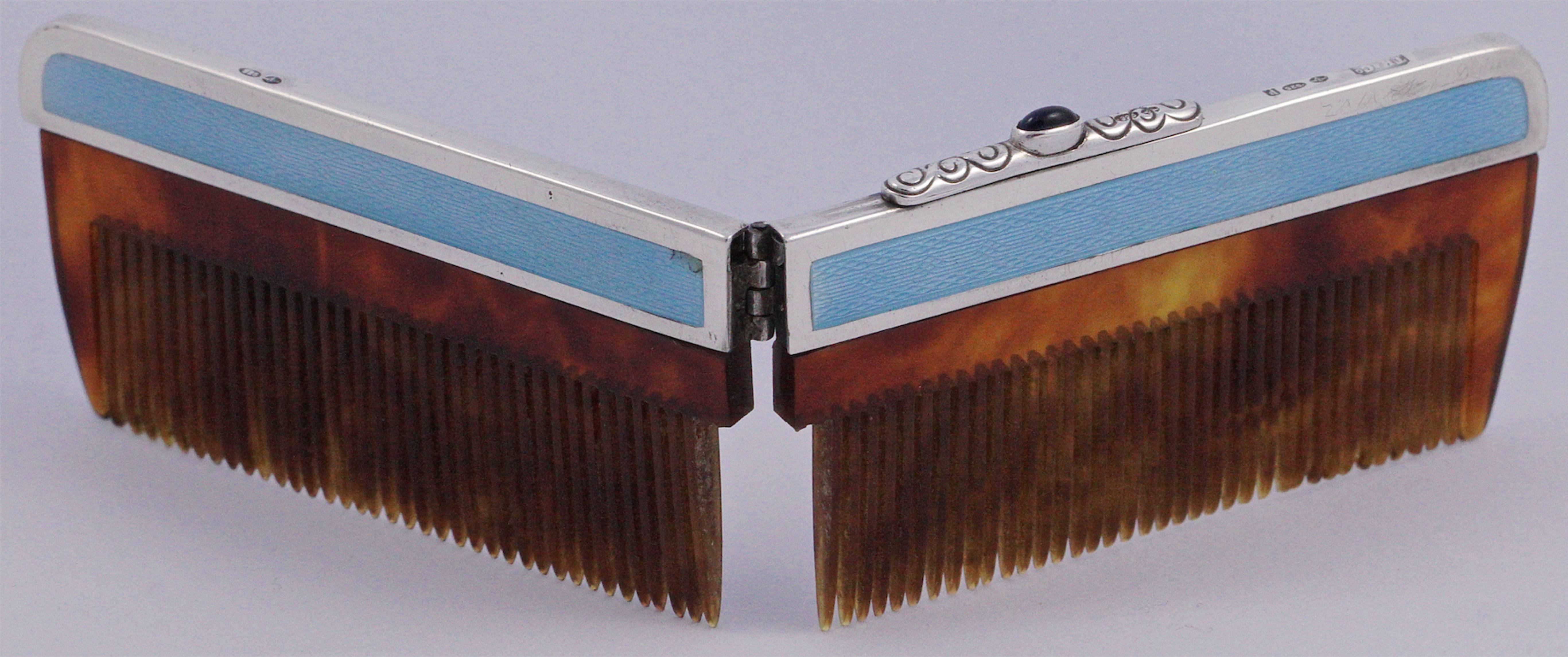 1920s Art Deco Silver and Guilloché Folding Comb with Suede Case 1