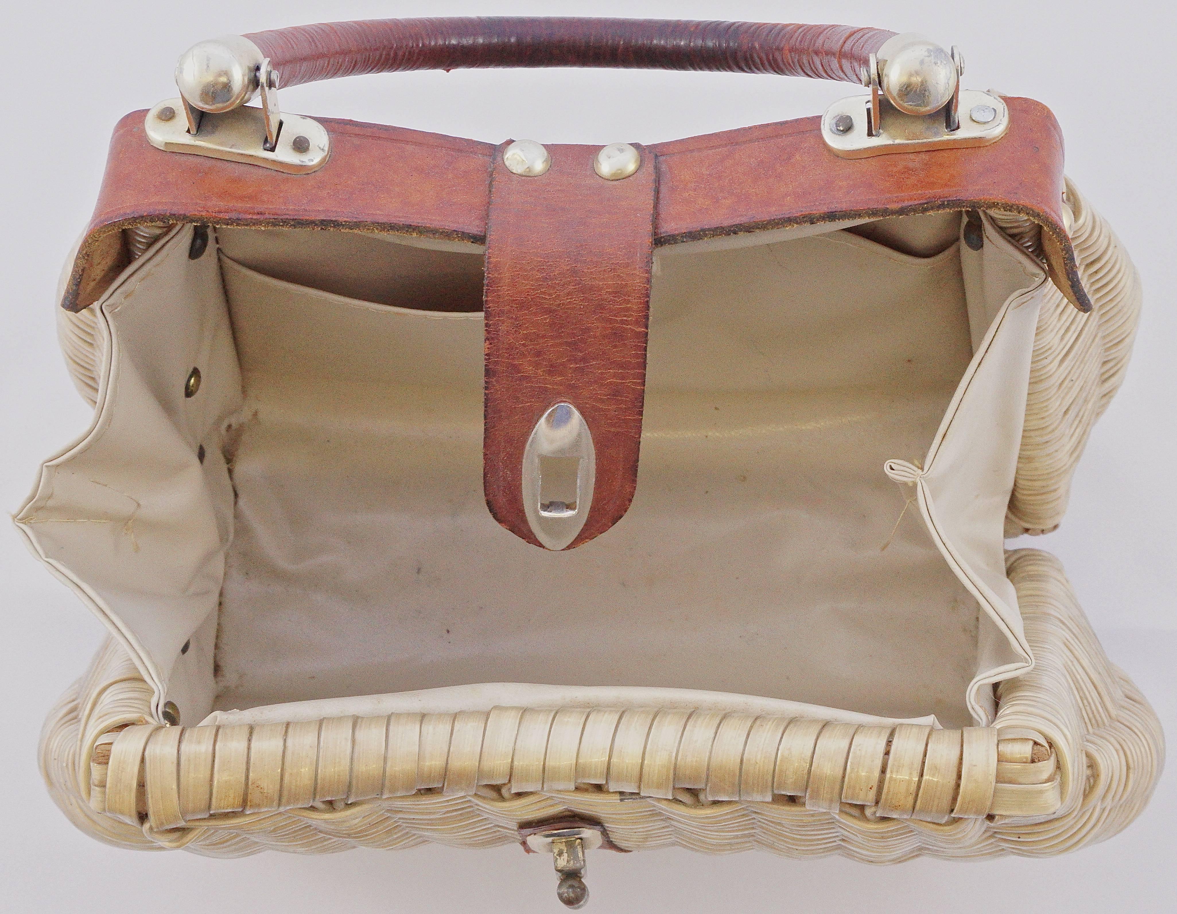 Brown British Hong Kong Wicker and Leather Handbag, 1960s 