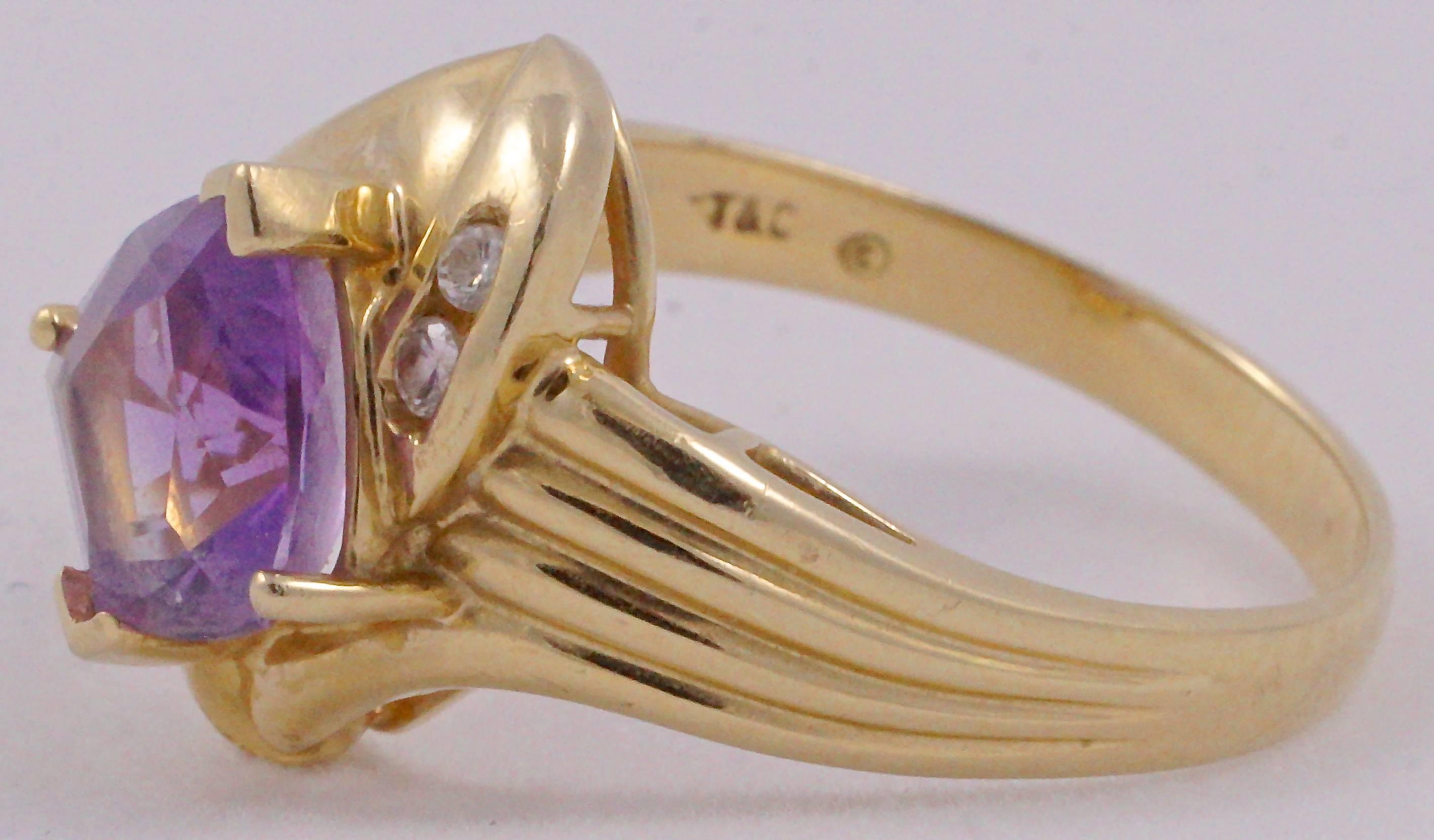 Women's 14K Gold Amethyst Diamond Dress Ring circa 1990s For Sale