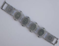 Art Deco Chinese Silver Filigree and Green Glass Jade Link Bracelet