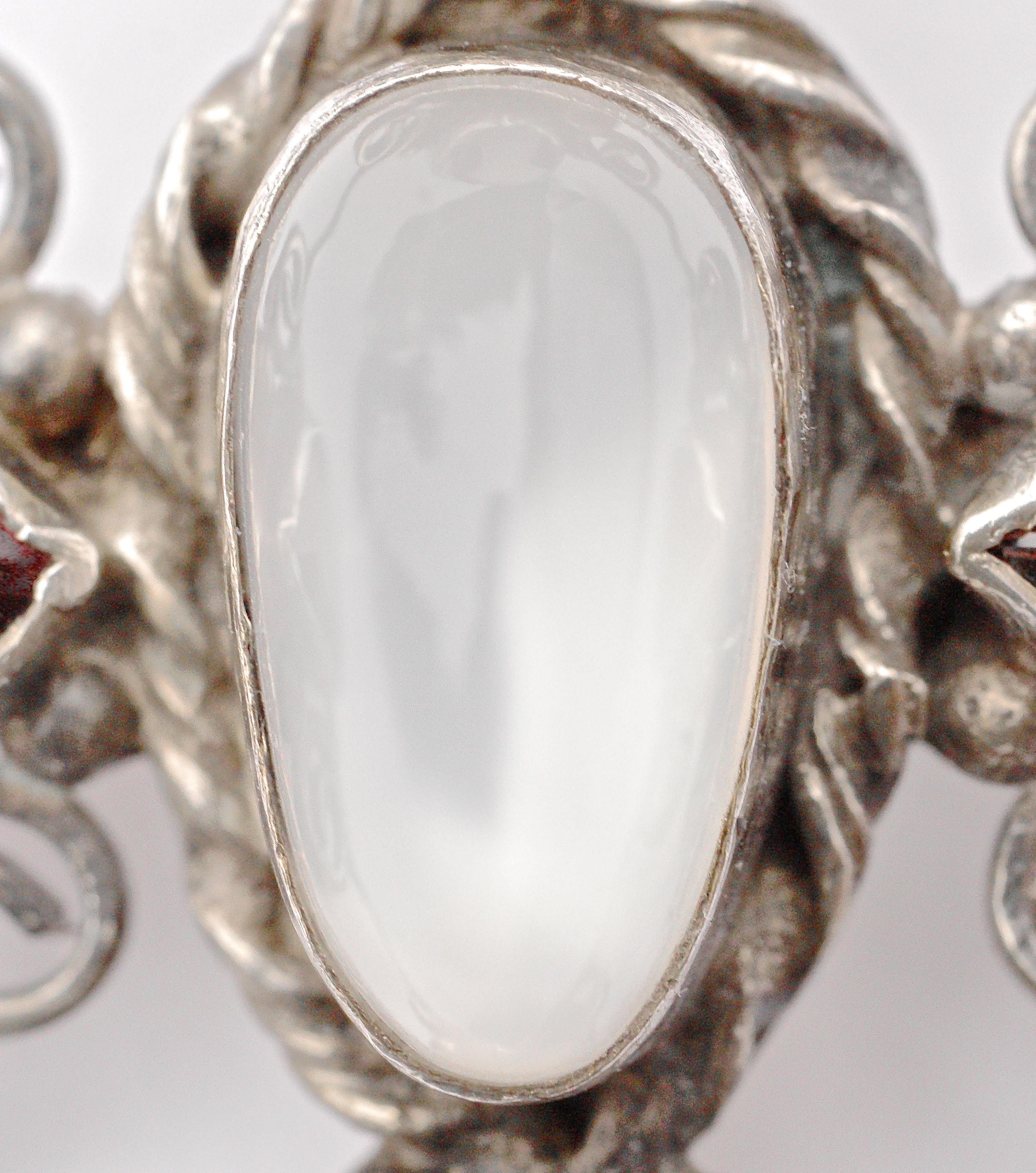 Hand Made Silver Brooch with a Faux Moonstone and Faux Garnets circa 1920s In Good Condition For Sale In London, GB