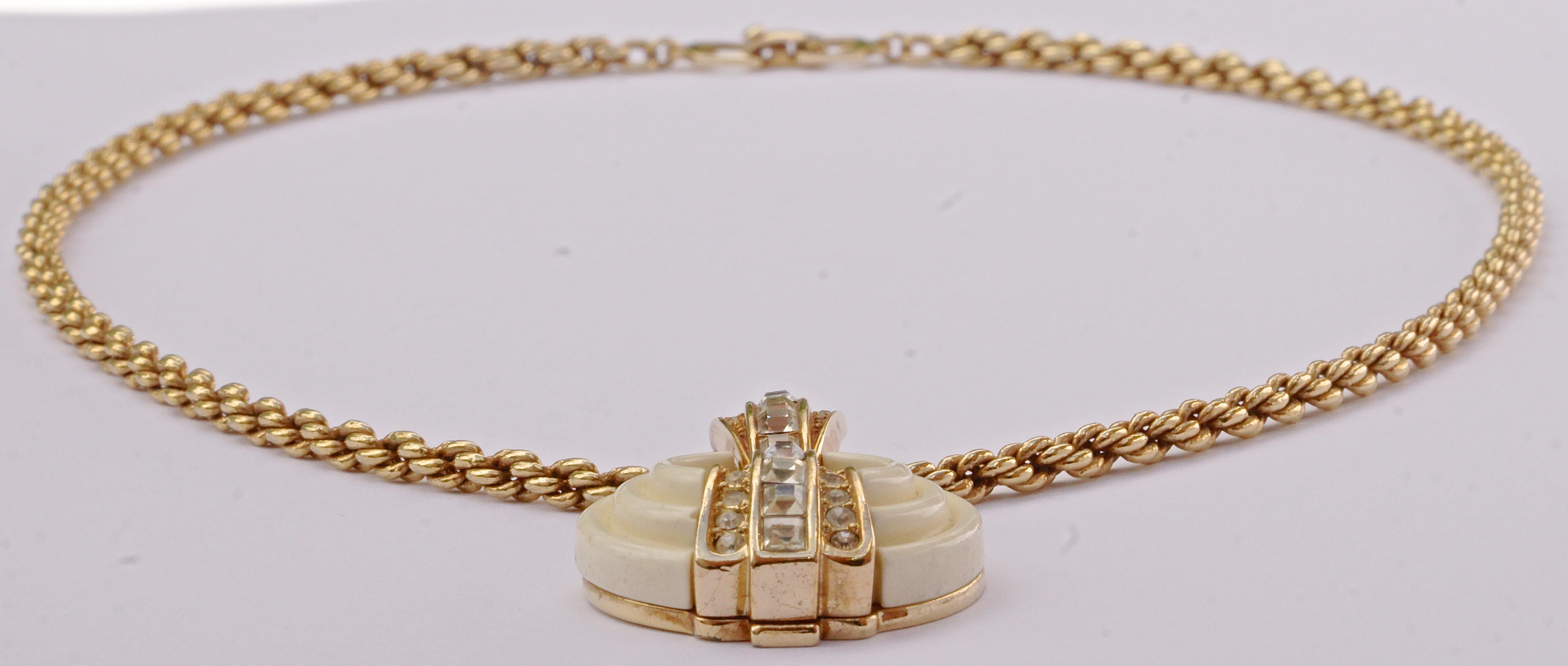 Women's Grosse Gold Plated Link Necklace with a Round Cream and Rhinestone Pendant 1980s For Sale