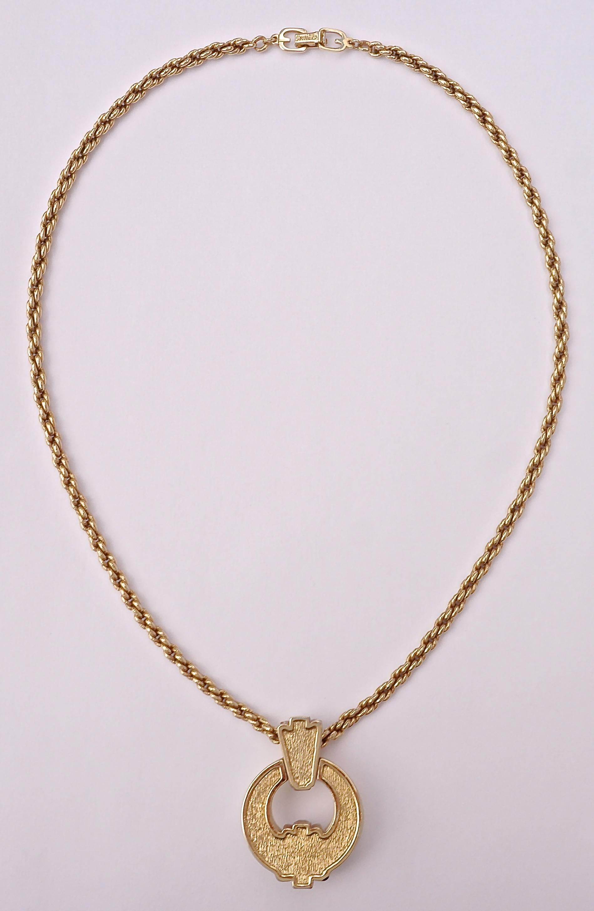 Grossé gold plated heavy twisted link necklace, featuring a lovely cream moulded resin pendant decorated with faceted square and round rhinestones, in the Art Deco style. Length 48.3cm / 19 inches, and the pendant is diameter 2.9cm / 1.14
