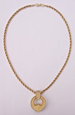 Grosse Gold Plated Link Necklace with a Round Cream and Rhinestone Pendant 1980s