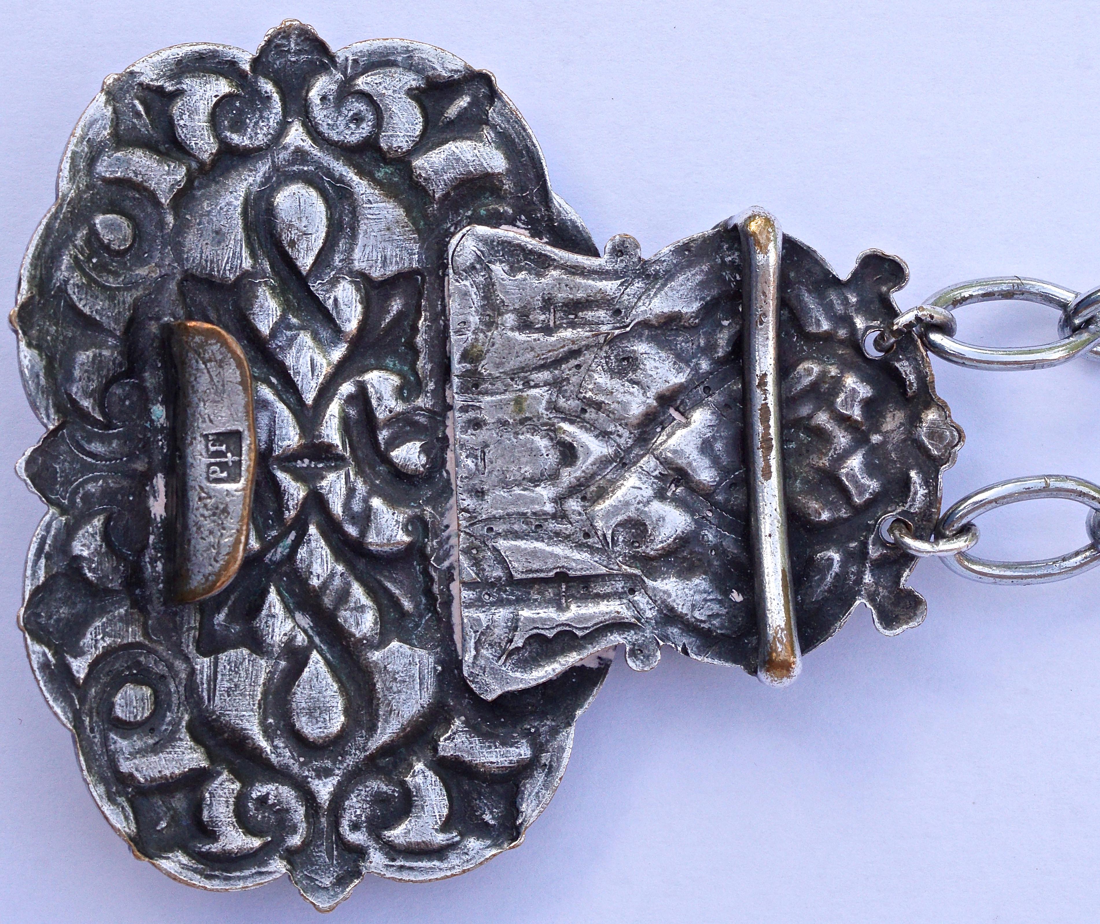 Piel Freres Art Nouveau Silver Plated and Turquoise Glass Chain Buckle Belt In Good Condition For Sale In London, GB