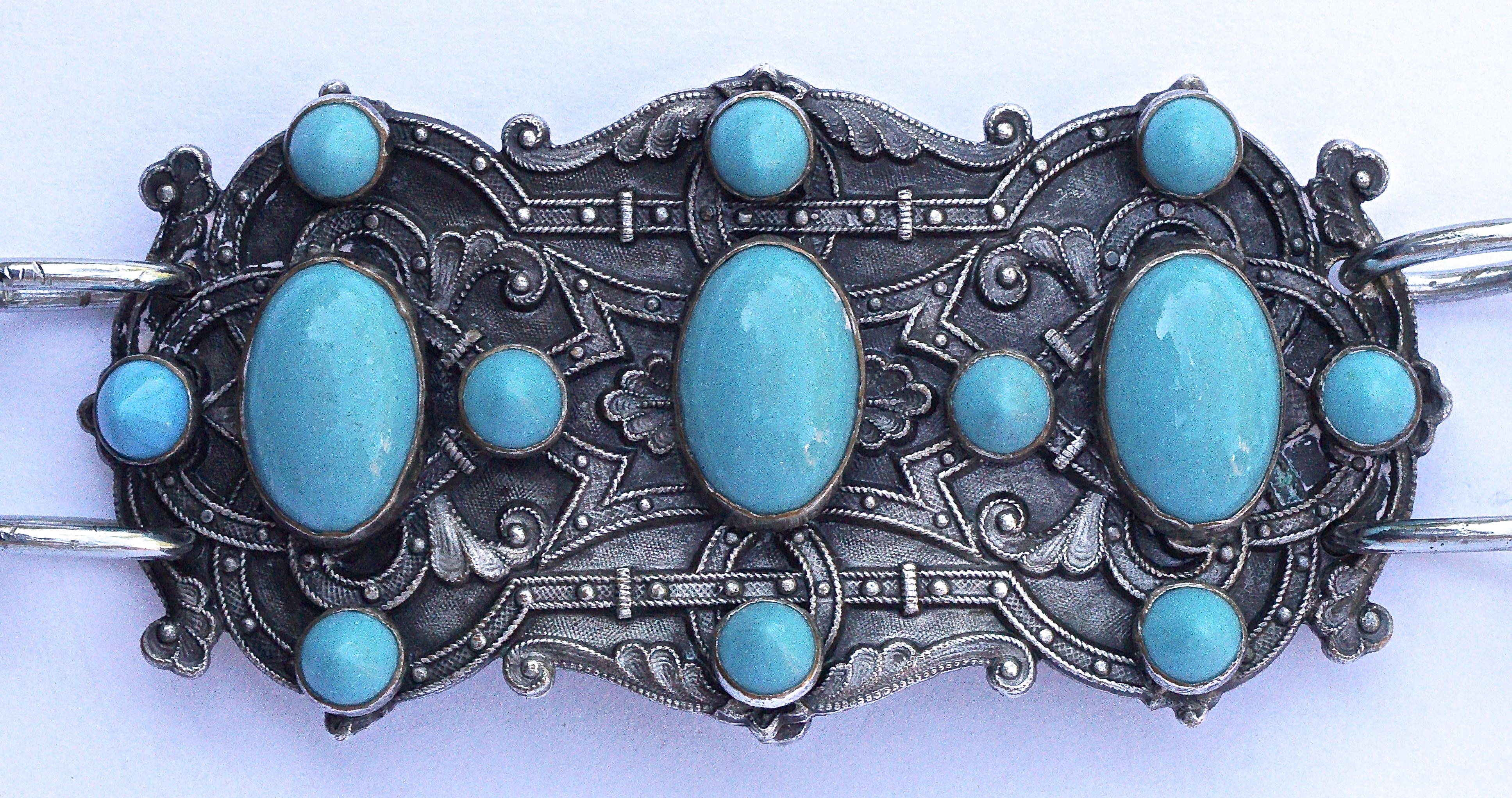 Piel Freres Art Nouveau Silver Plated and Turquoise Glass Chain Buckle Belt For Sale 1