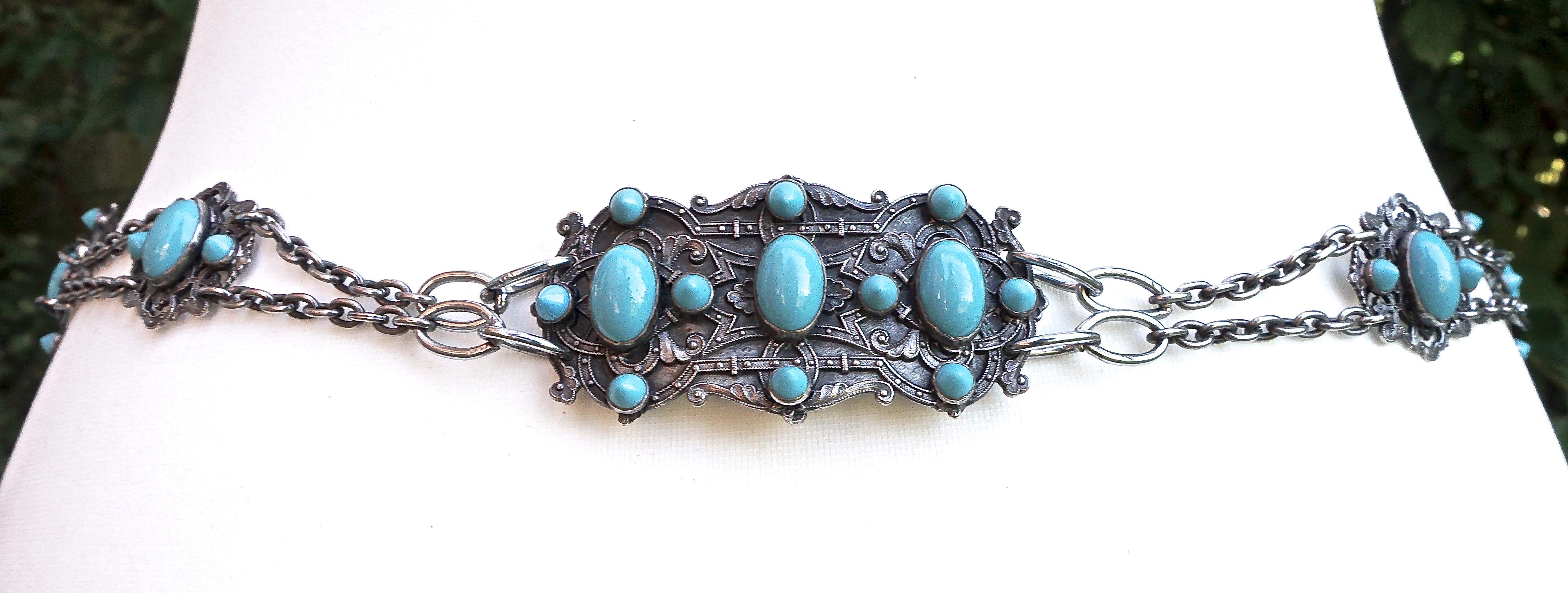 Piel Freres Art Nouveau Silver Plated and Turquoise Glass Chain Buckle Belt For Sale 7