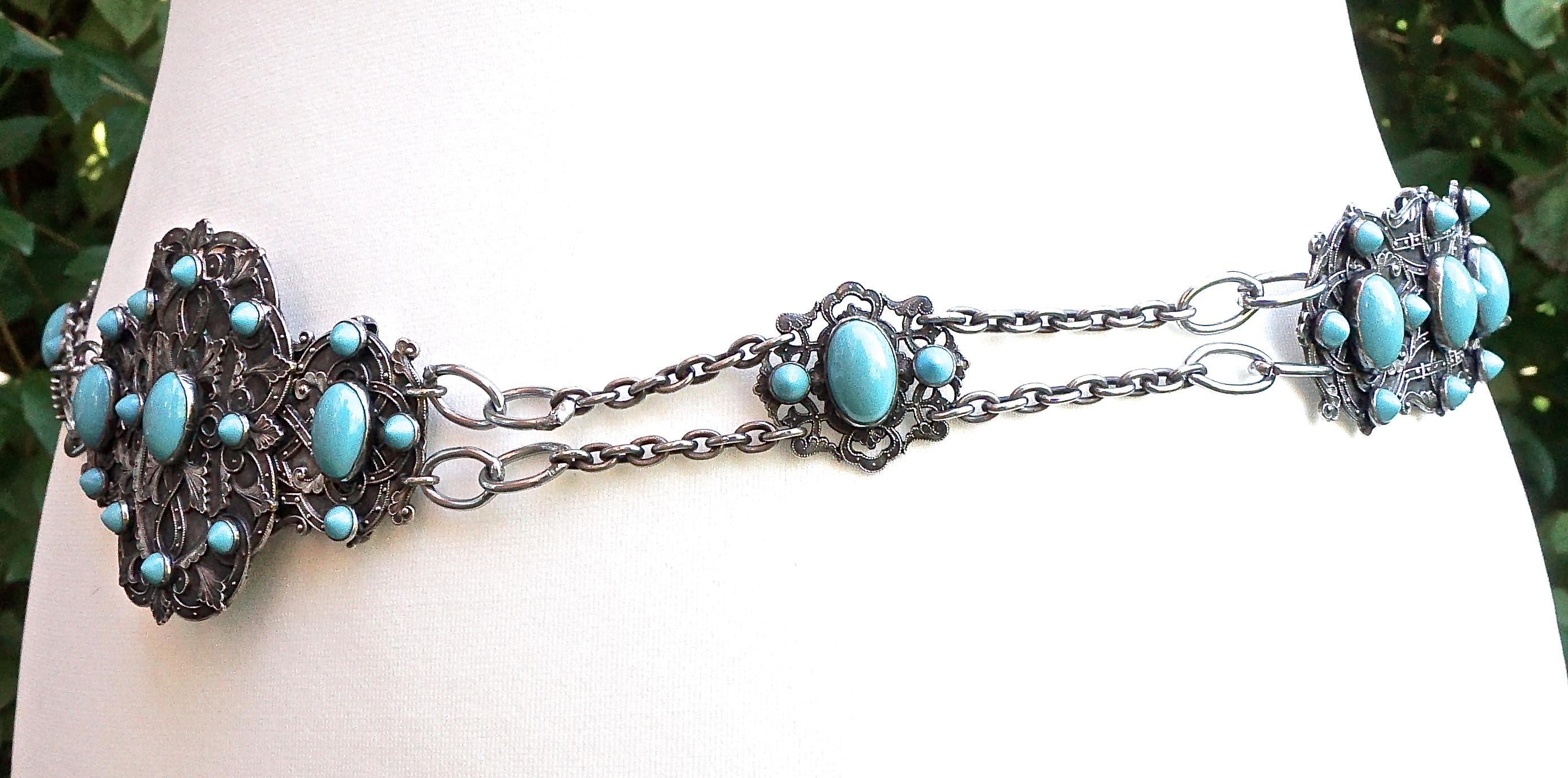 Piel Freres Art Nouveau Silver Plated and Turquoise Glass Chain Buckle Belt For Sale 8