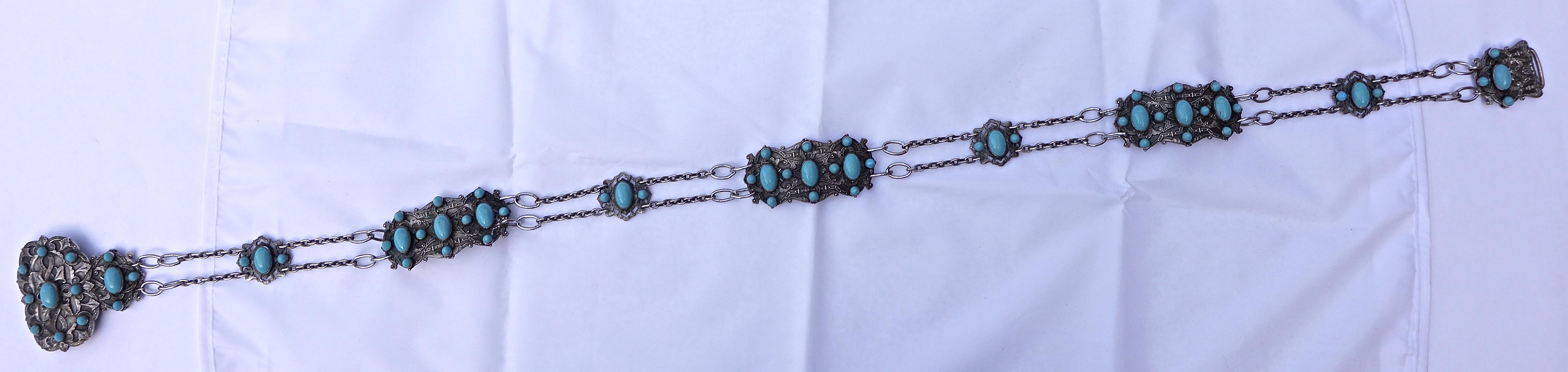 Piel Freres Art Nouveau Silver Plated and Turquoise Glass Chain Buckle Belt For Sale 9