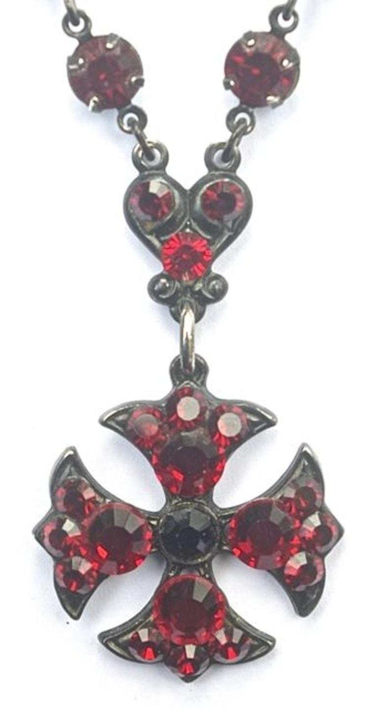 Dark Red Glass Maltese Cross Necklace 2