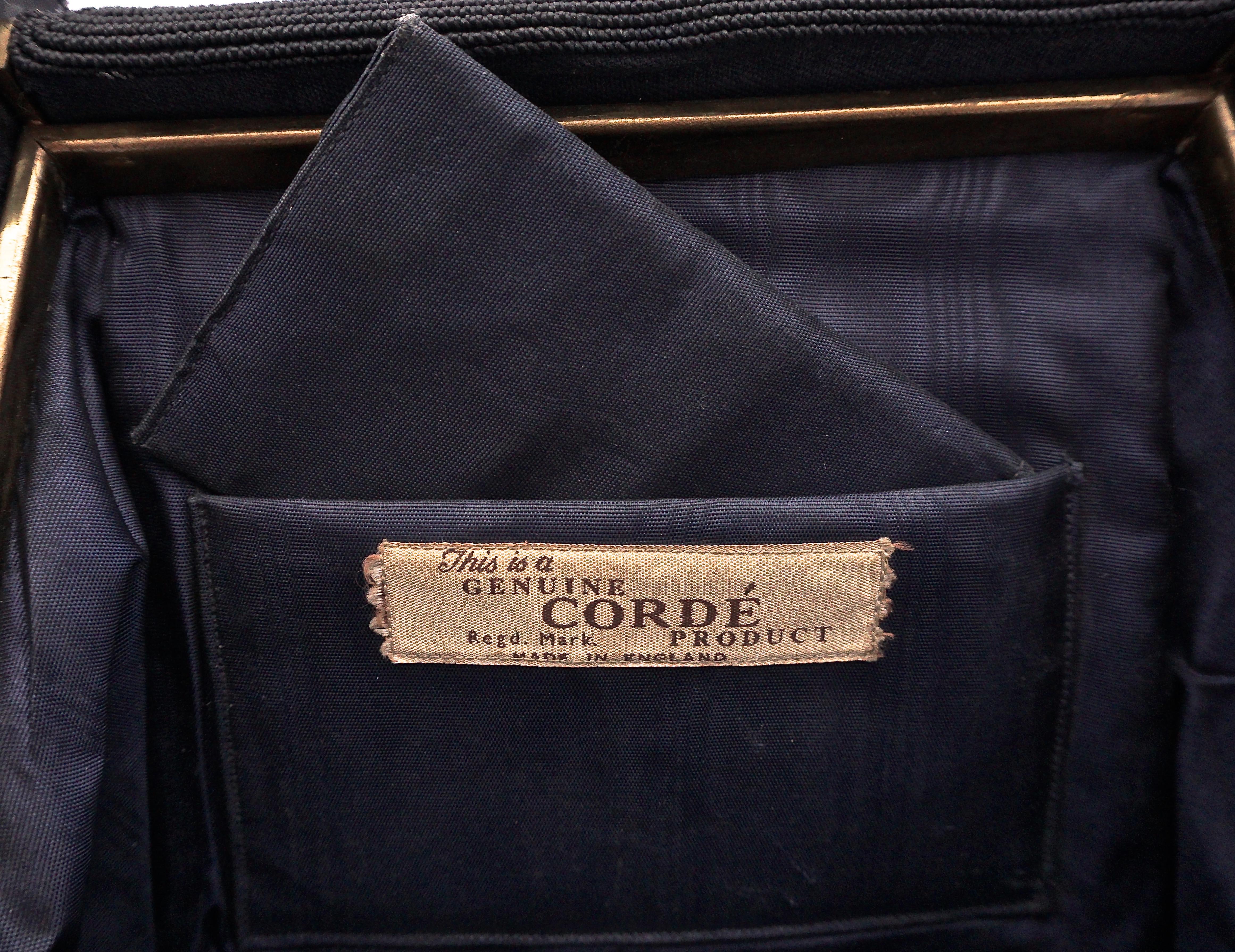 Black 1940s Dark Navy Cordé Handbag with Gold Tone Metal Fittings, Made in England