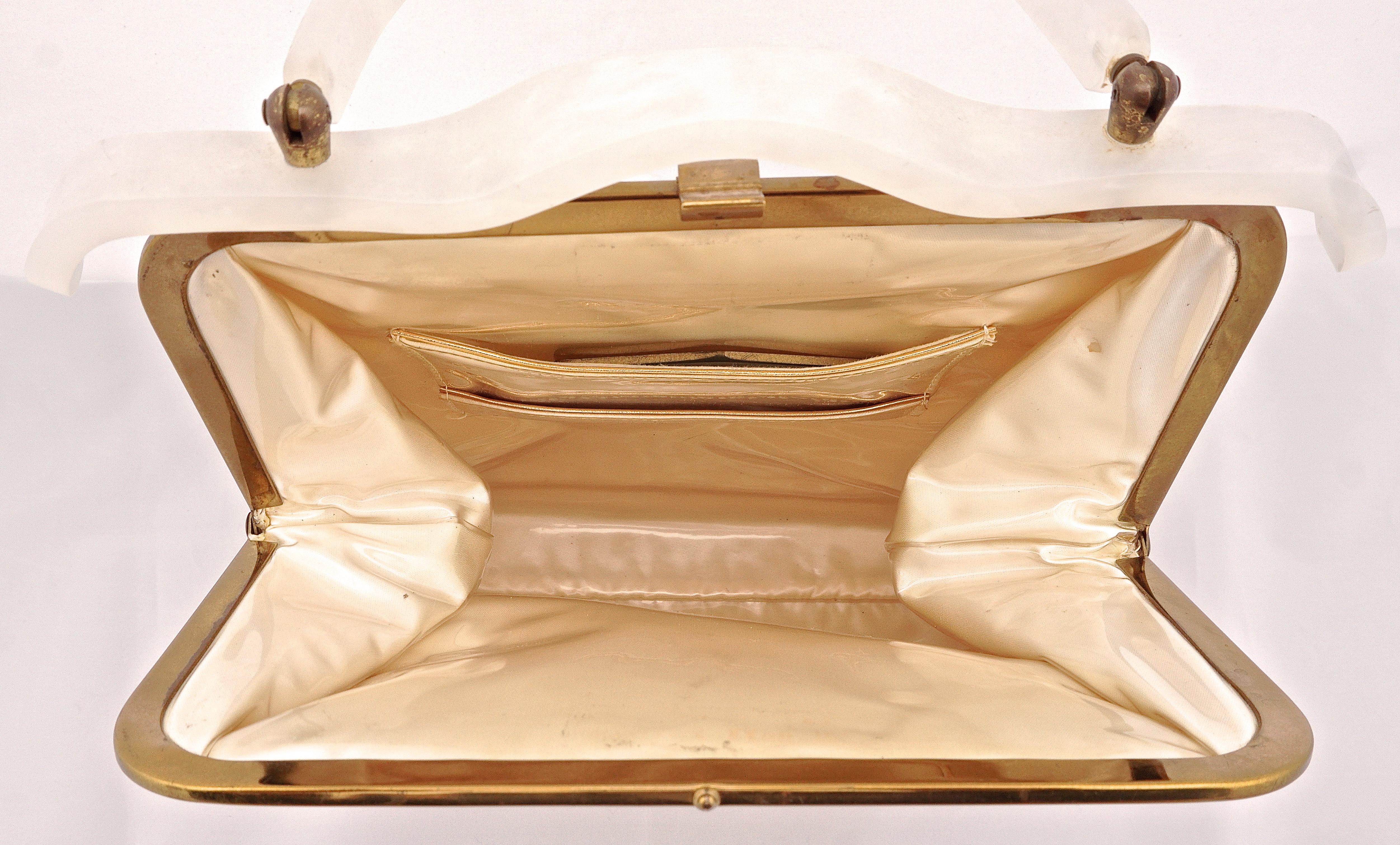 Beige 1950s Lucite Vinyl Cream Satin with Rhinestones Pearls Golden Embroidery Handbag