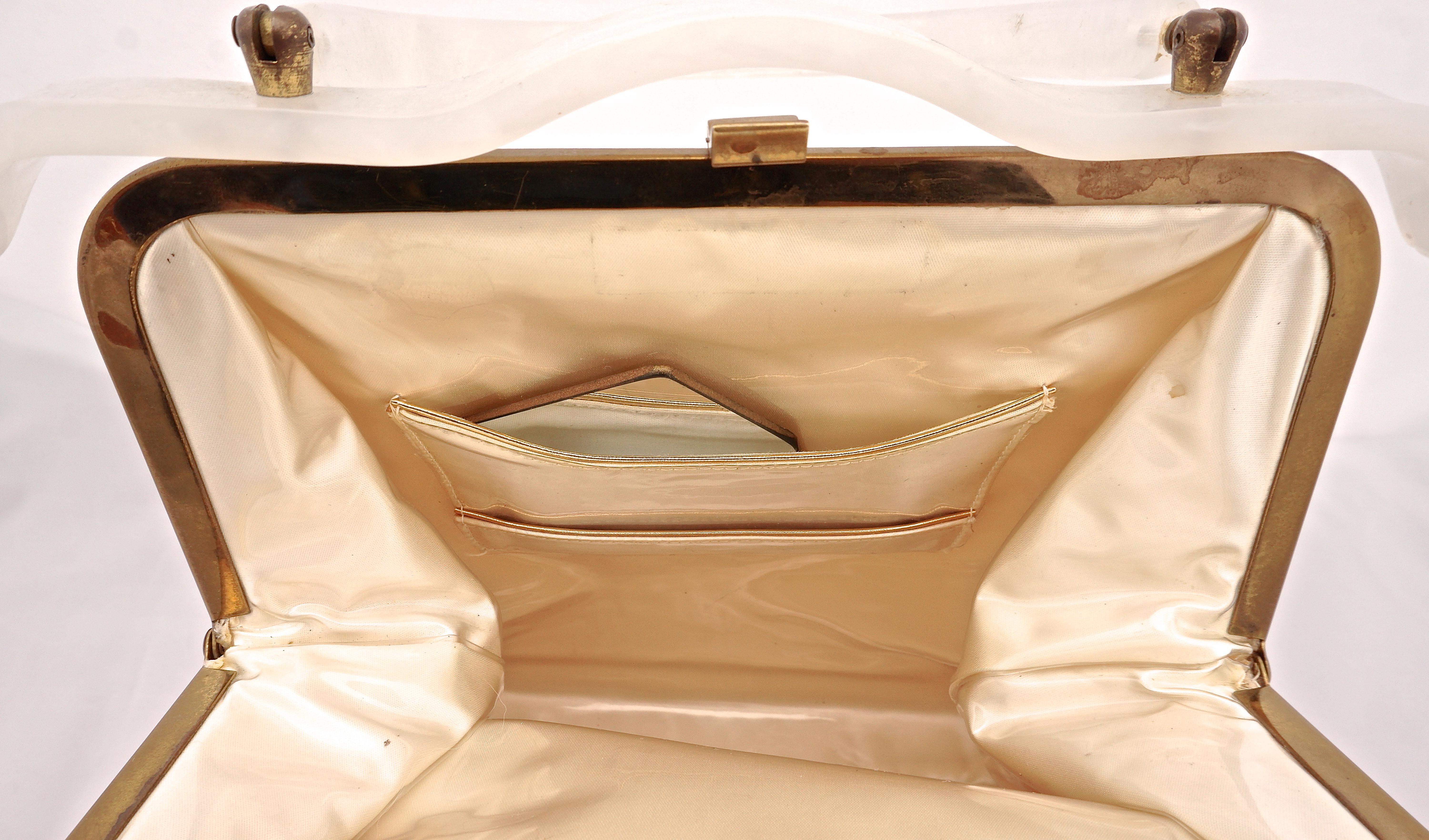 1950s Lucite Vinyl Cream Satin with Rhinestones Pearls Golden Embroidery Handbag In Good Condition In London, GB